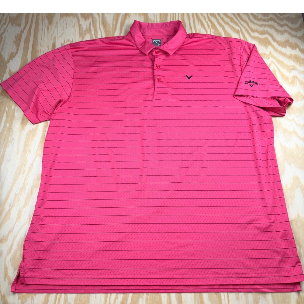 Callaway Opti-Dri Mens 3XLT Pink Black Striped Golf Polo Shirt Short Sleeve Tall
